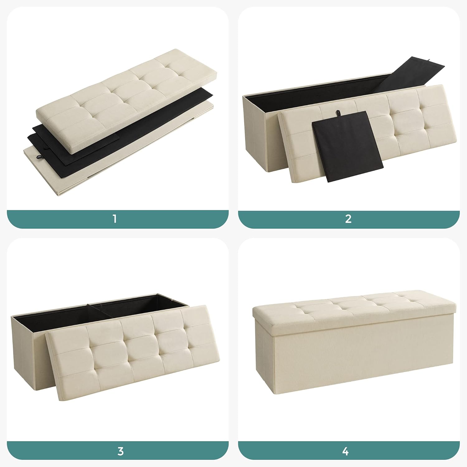SONGMICS - banc de rangement pliable, 110x38x38 cm, 300 kg, blanc crème LSF77BE