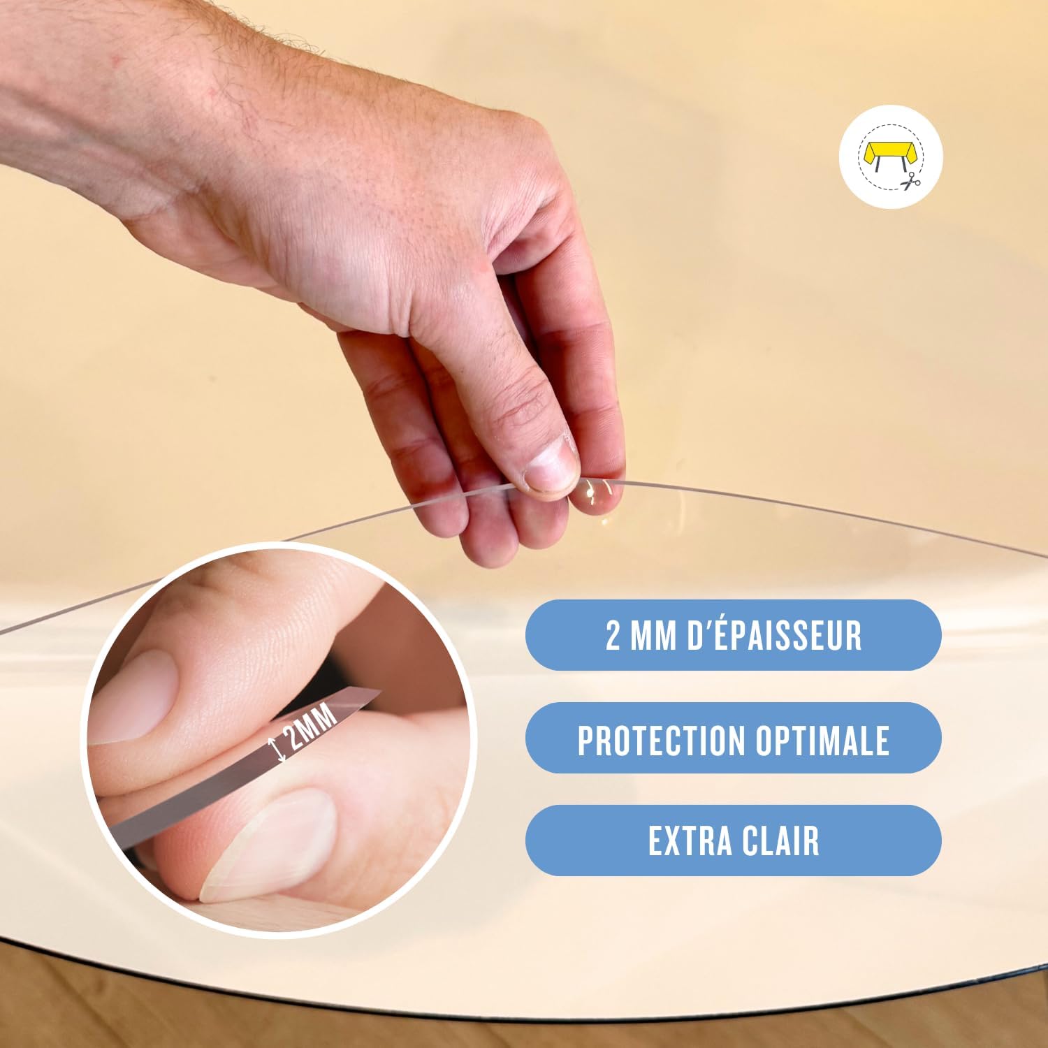 Nappe transparente ronde 155cm, lavable, épaisseur 2mm, intérieur/extérieur