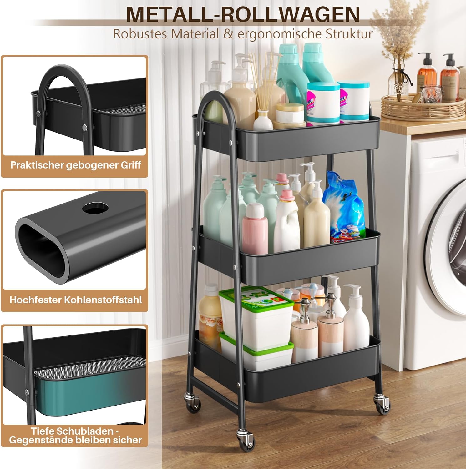 Chariot de cuisine 3 niveaux - noir - roulettes verrouillables, rangement multi-usages