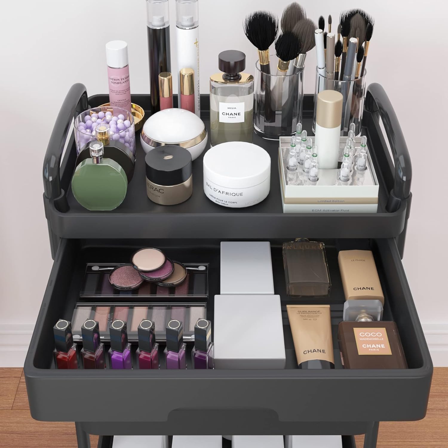 Chariot de rangement - 4 niveaux - plastique, roulettes, tiroir, compact