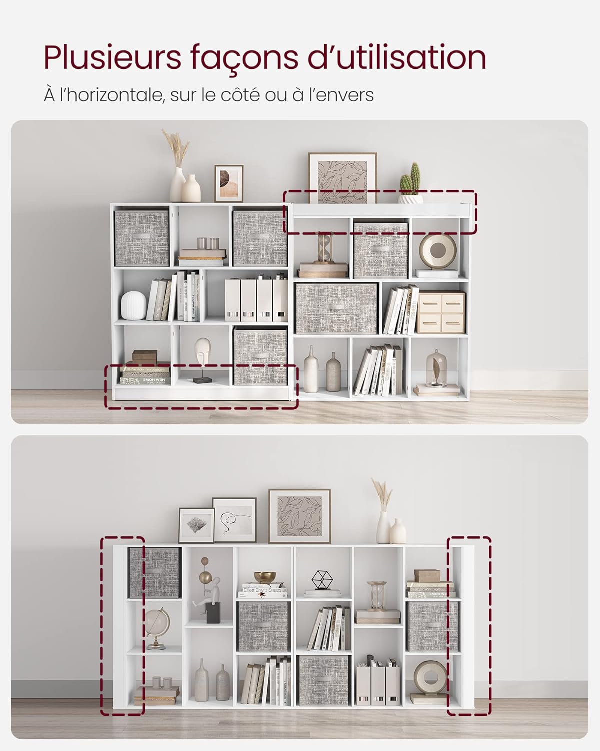 VASAGLE Bibliothèque, étagère, 8 Compartiments Ouverts, Horizontale, latérale ou Gauche, 30 x 97,5 x 100 cm, pour Salon, Bureau, Blanc LBC52WT