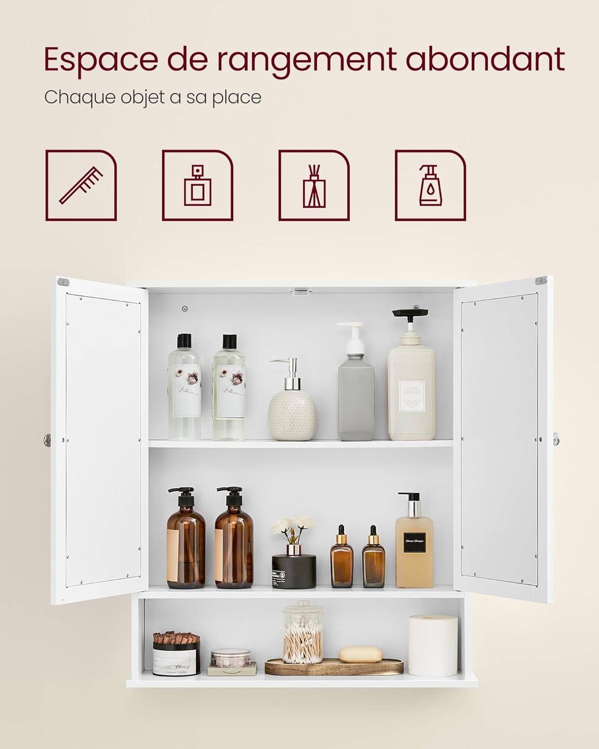 VASAGLE - armoire murale salle de bain - 15x65x75 cm - 2 portes miroir, étagère réglable LHC012W01