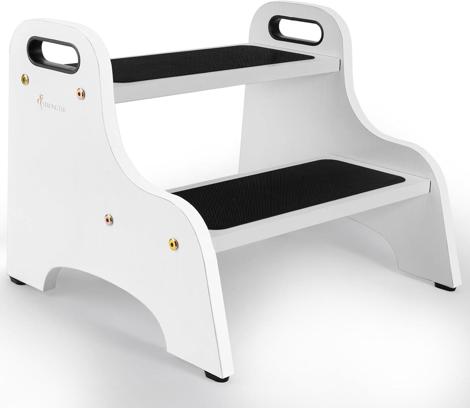 StrongTek - Tabouret 2 marches bois - 136kg - surface antidérapante, poignées, patins, White