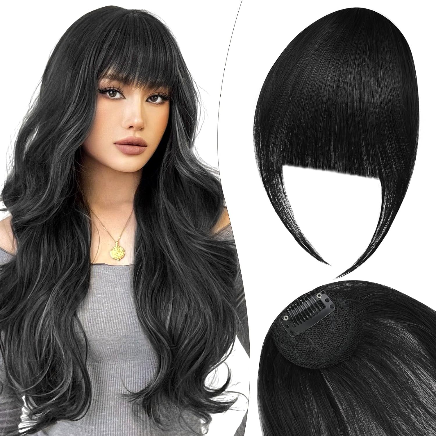 LOPHE - Frange à Clip - cheveux naturels noirs, air bangs, pour femme