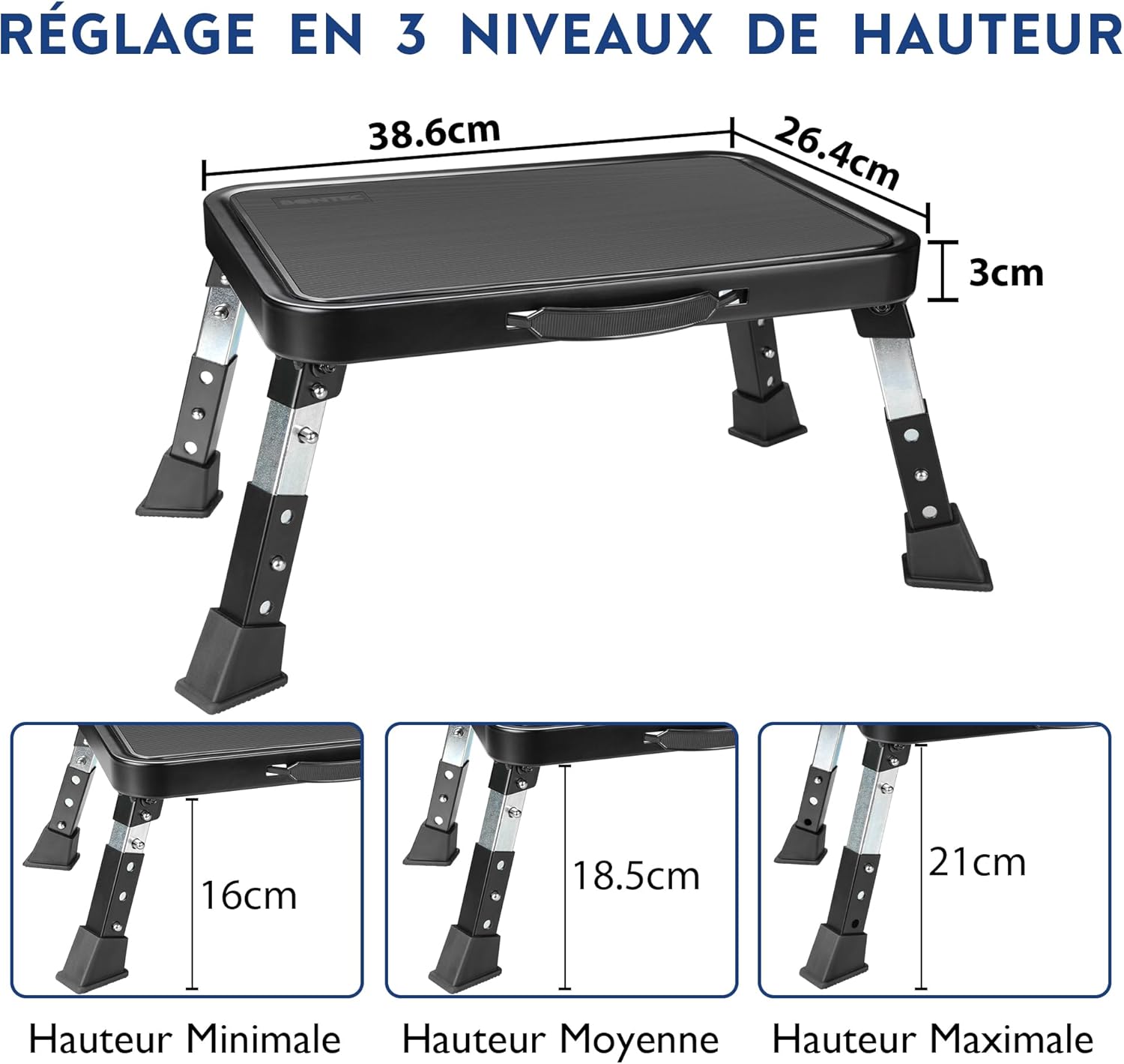 BONTEC - Marchepied 3 marches, 150kg, antidérapant, pliable, compact