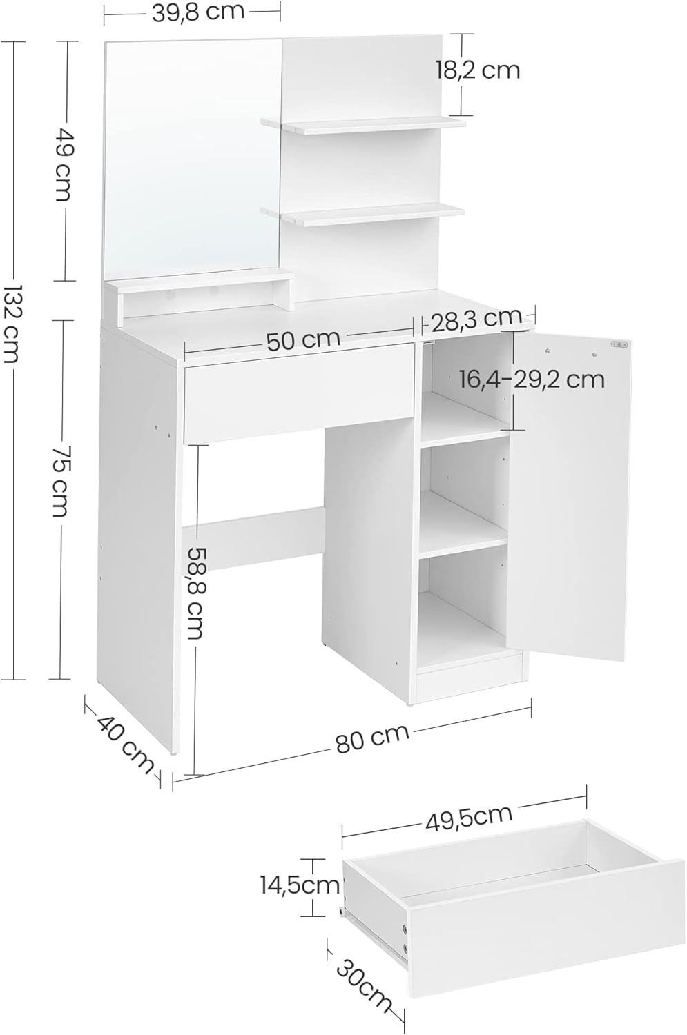 VASAGLE - Kailyn Collection - coiffeuse blanche moderne, miroir, étagères ajustables, 1 tiroir, RDT119W01