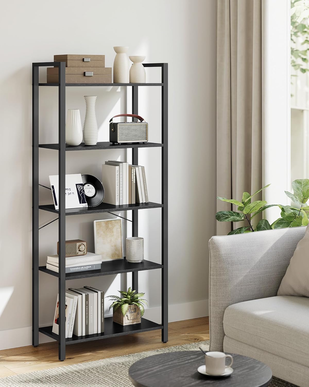 VASAGLE - étagère industrielle 5 niveaux - 30x66x153 cm - bois noir et rangement - LLS061B56