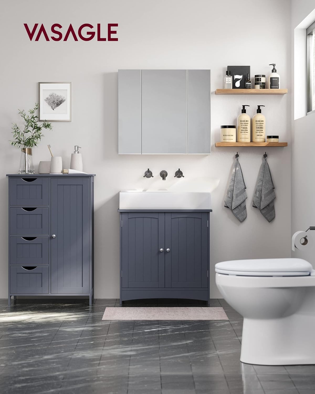 VASAGLE - armoire salle de bain, 30x55x82 cm, 4 tiroirs, porte, LHC41GY
