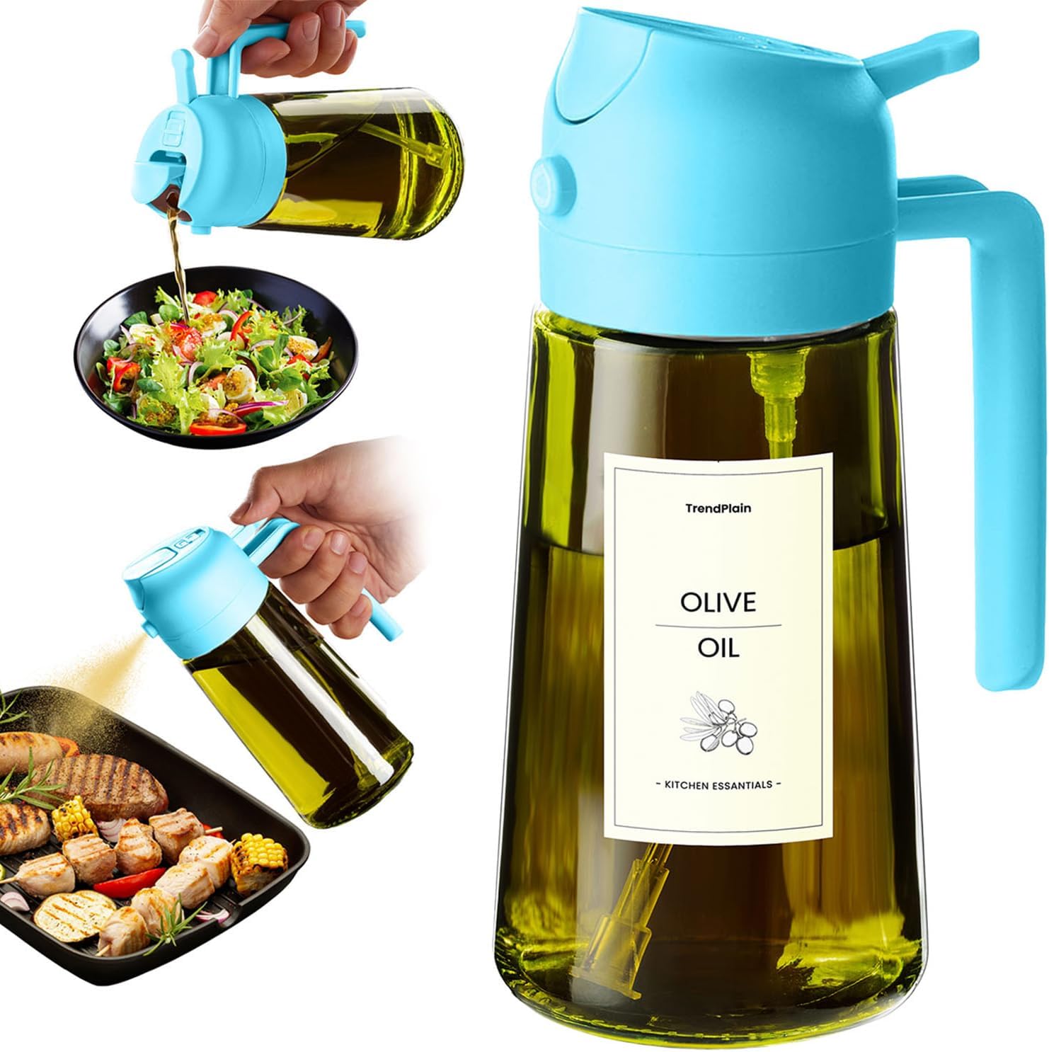 TrendPlain - Spray huile cuisine 470ml - 2-en-1 air fryer, bleu ciel