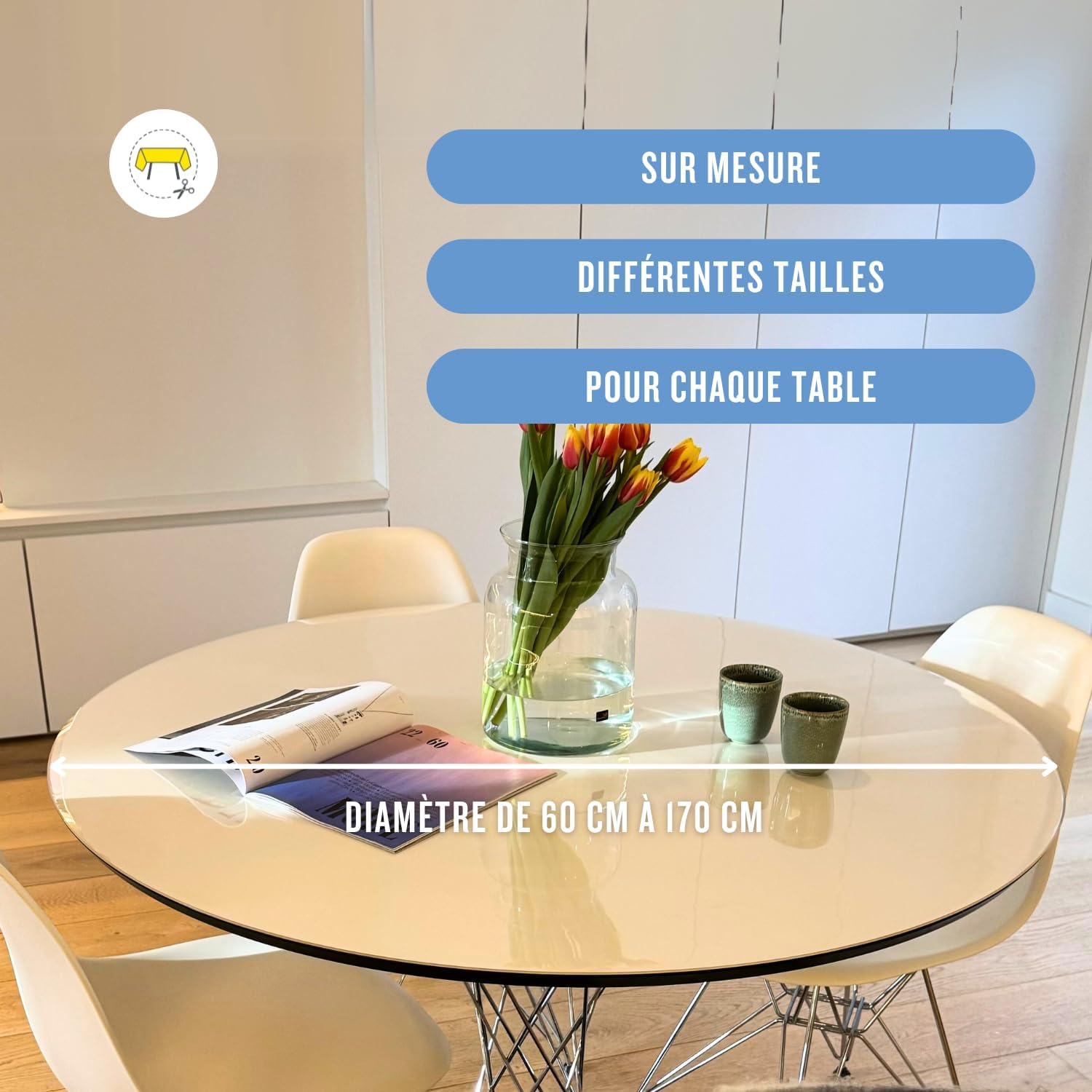 Nappe transparente ronde 155cm, lavable, épaisseur 2mm, intérieur/extérieur