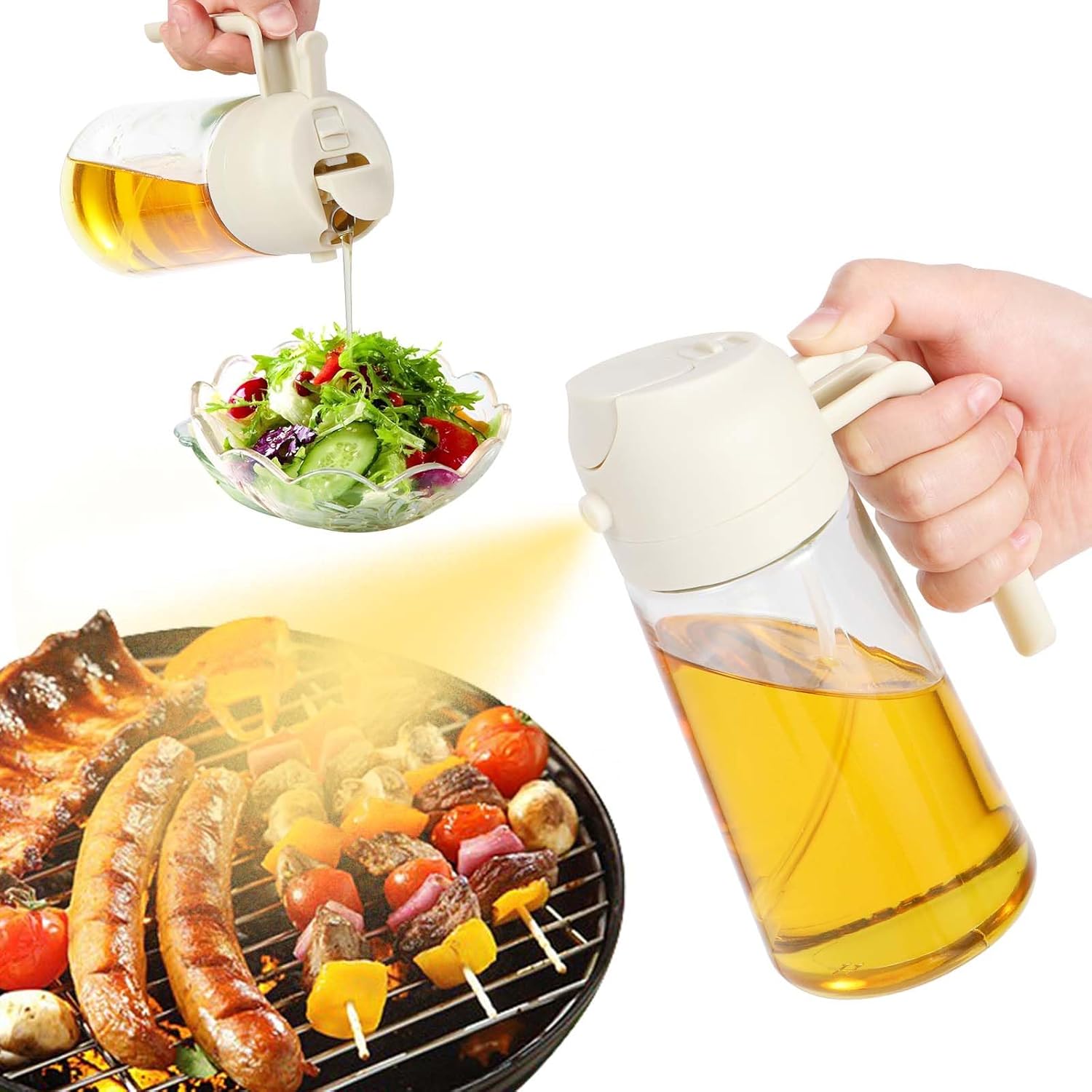 Pulvérisateur huile cuisine 470ml, 2 en 1, blanc, multifonction