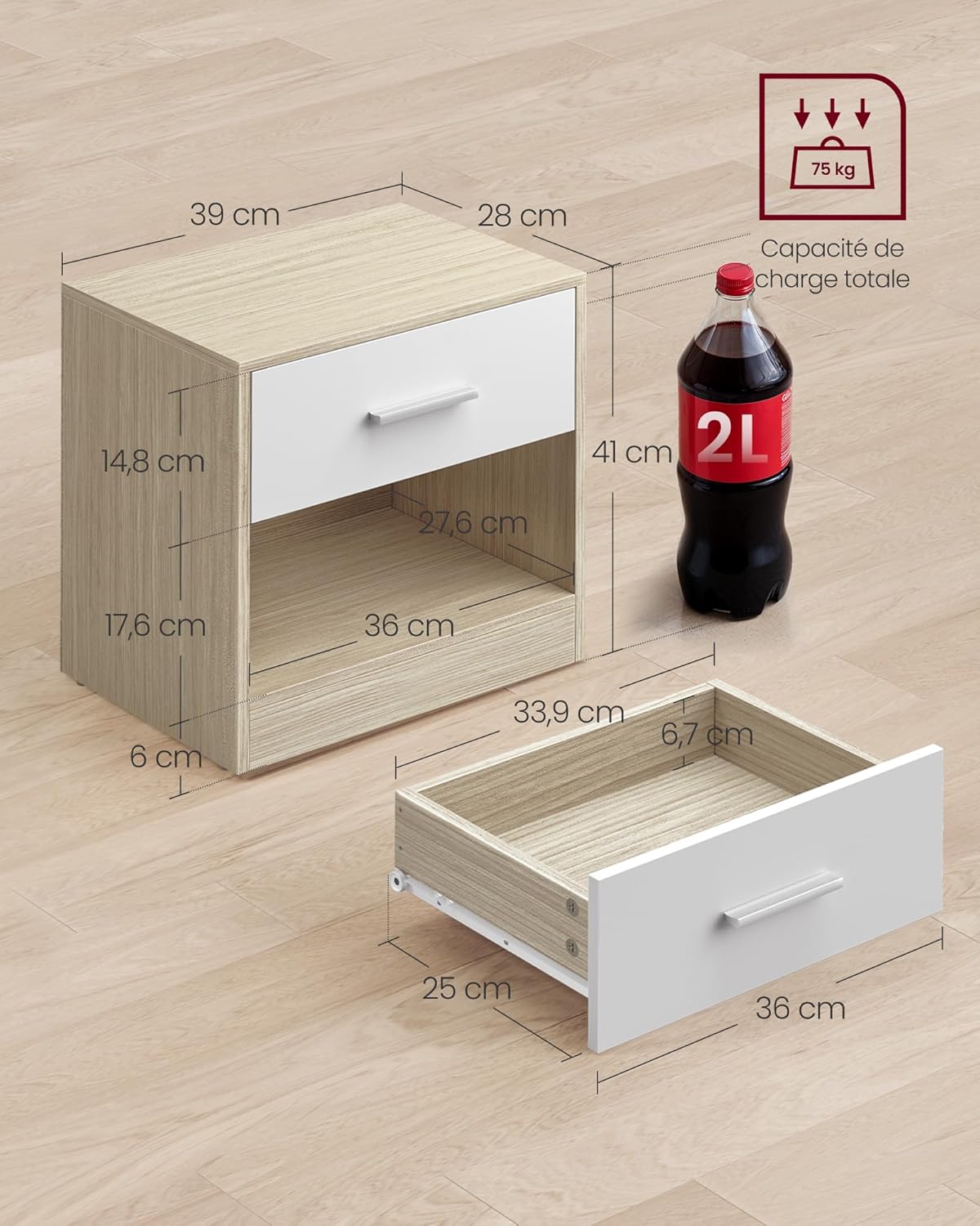 VASAGLE - Table de nuit lot de 2, tiroir, beige/blanc, compact, LET819T67