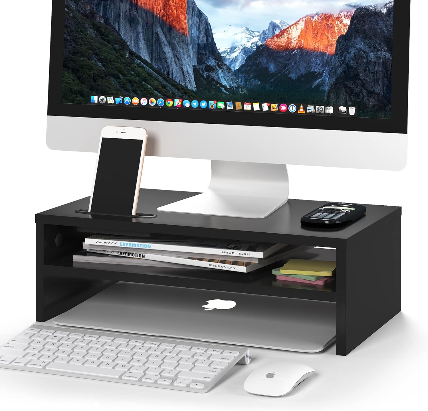 BONTEC - support écran 2 étages bois noir - 420mm - rangement optimal