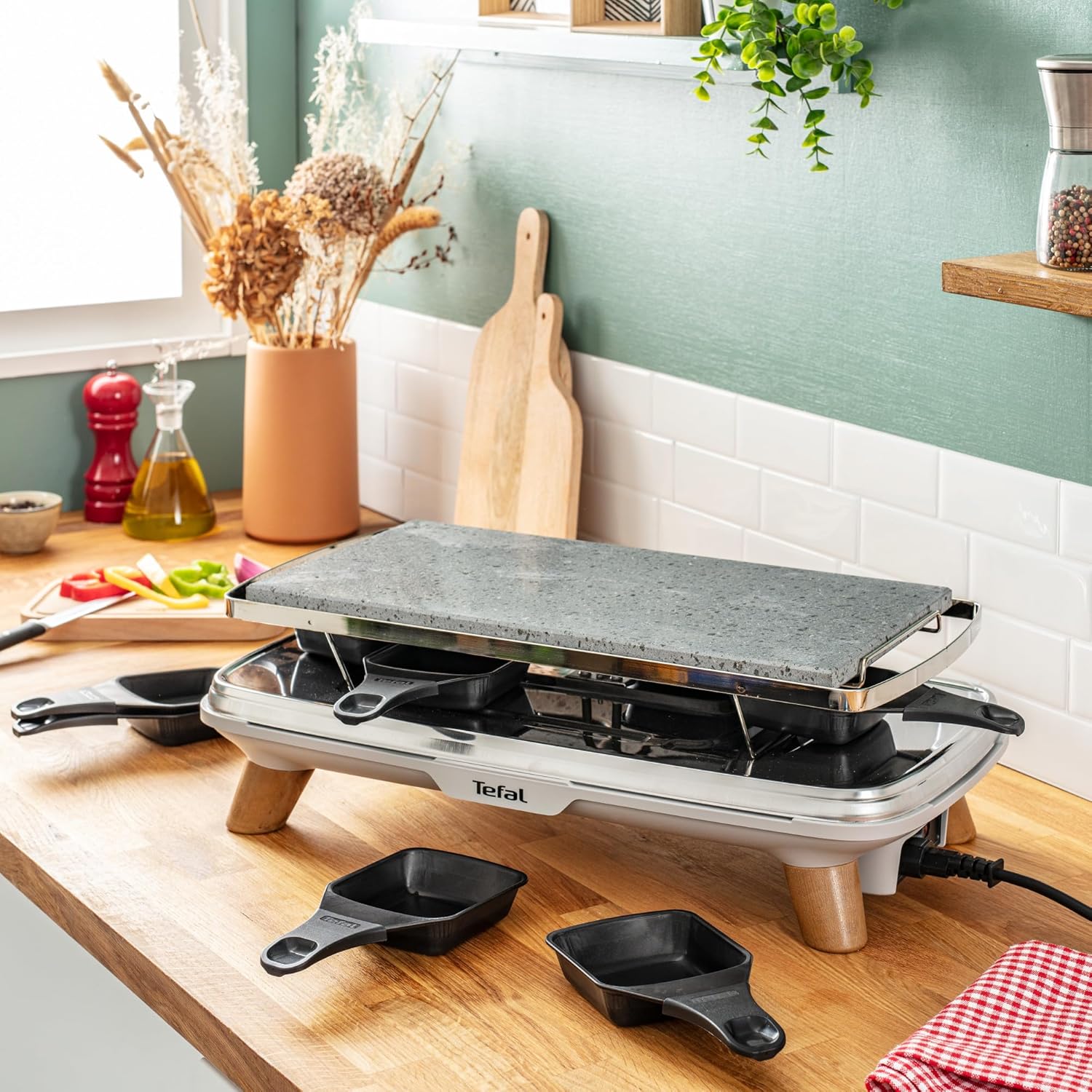 Tefal - Raclette Pierrade PR620D12 - 8 coupelles profondes, pierre naturelle, 1350W, pieds effet bois