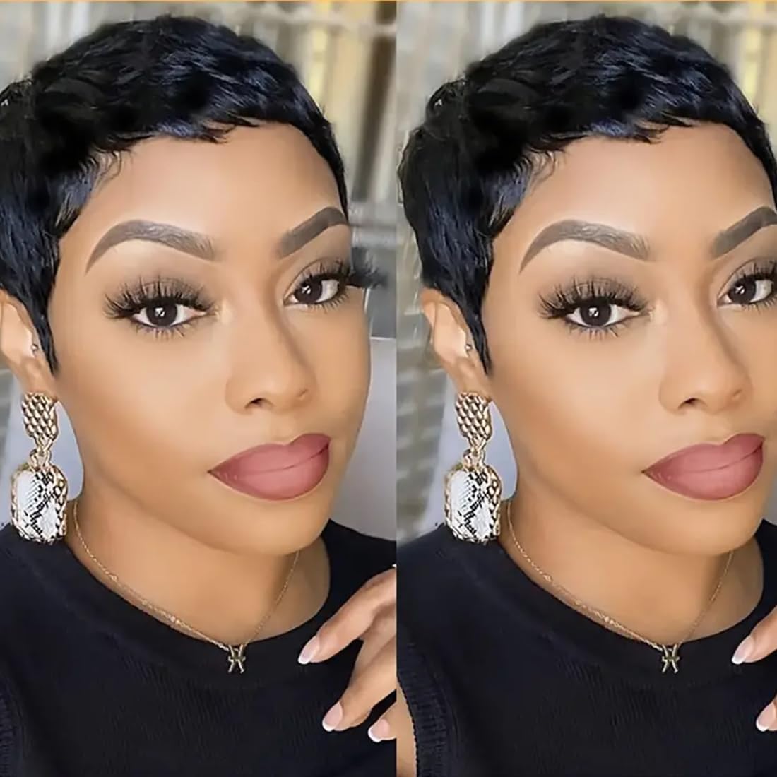 Perruque Pixie - cheveux naturels courts, coupe droite, sans colle, frange, couleur 1B