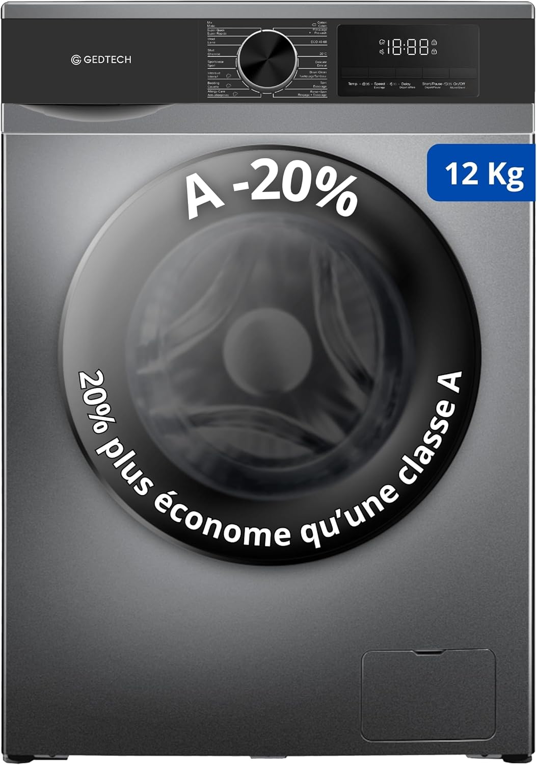 GEDTECH - Lave-linge frontal 12kg, 1400 tr/min, Classe A-20%, 16 programmes GLL121400DG