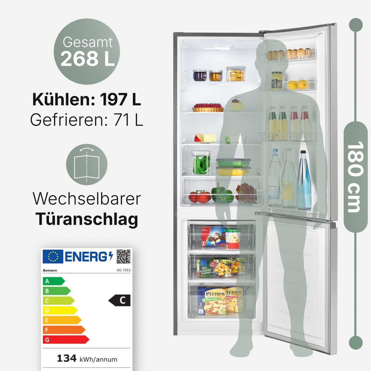 Bomann - 55cm, 268L, éclairage LED, inox