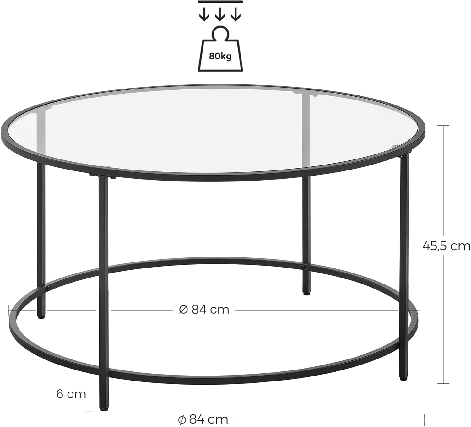 VASAGLE - Table Basse Ronde AER, verre et métal, 84x84x45,5 cm - LGT021B01