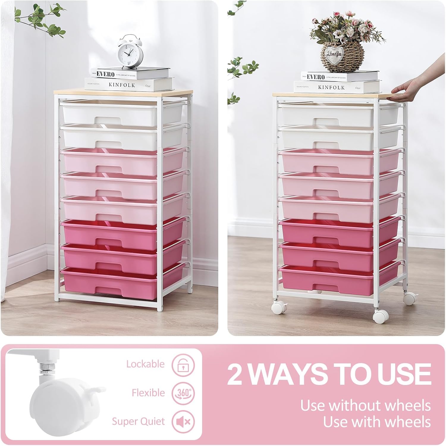 Chariot de Salle de Bain - 8 tiroirs, roulettes, plateau bois, rose, grande capacité
