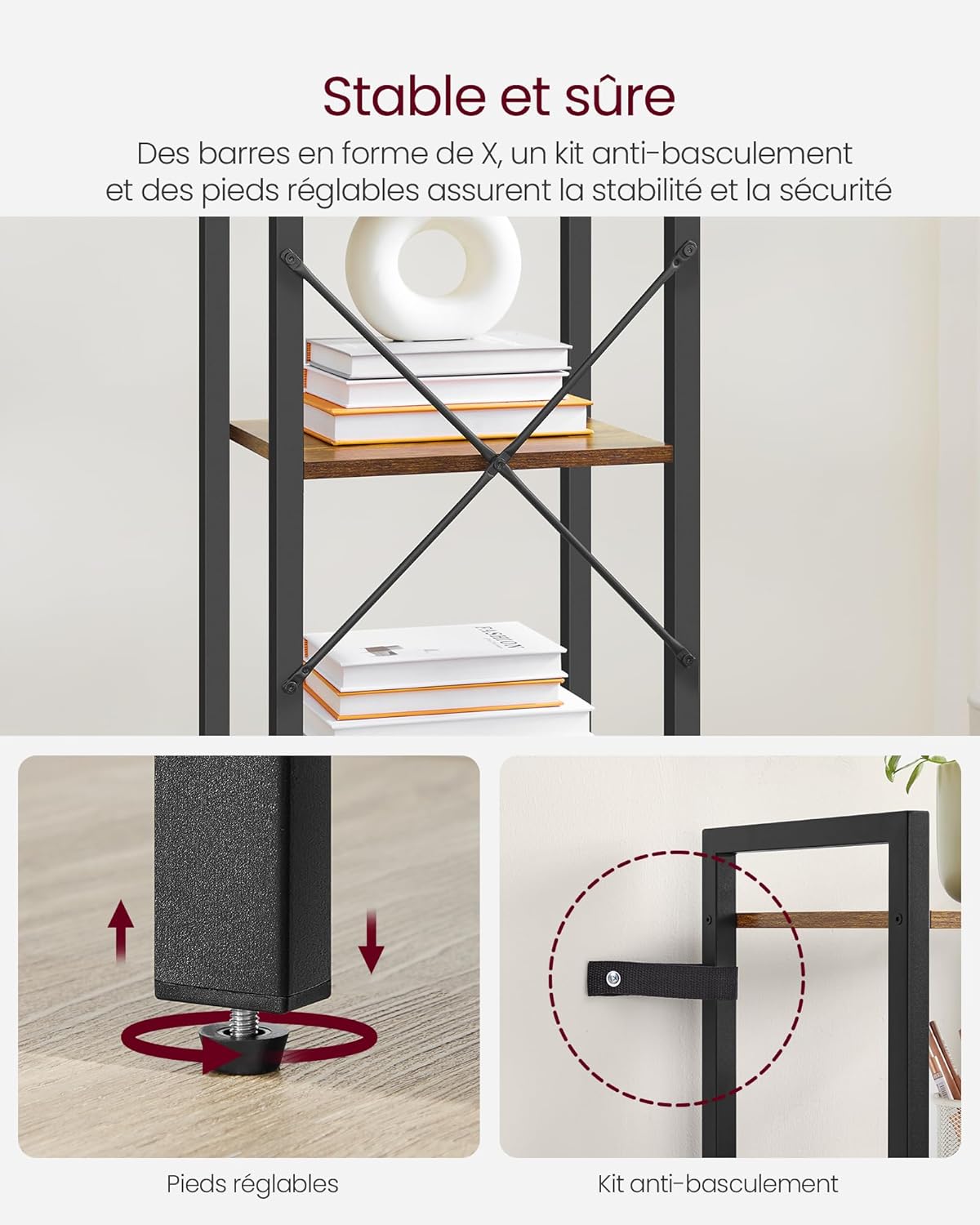 VASAGLE - étagère 5 niveaux - 30x39,6x154cm - acier/marron, style industriel, LLS100B01