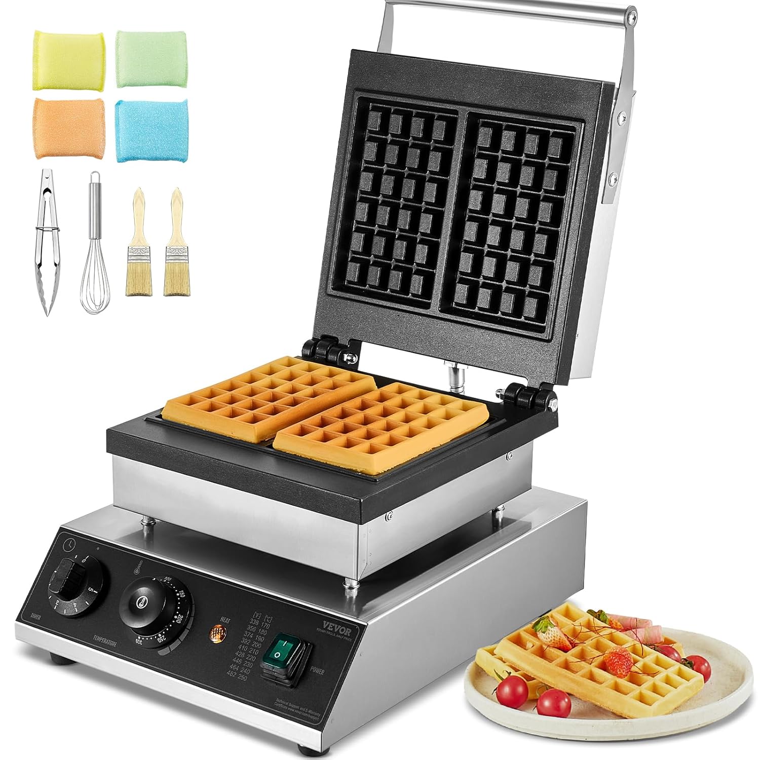 VEVOR - Gaufrier Commercial 2PCs - 2000W inox, antiadhésif, contrôle température et temps