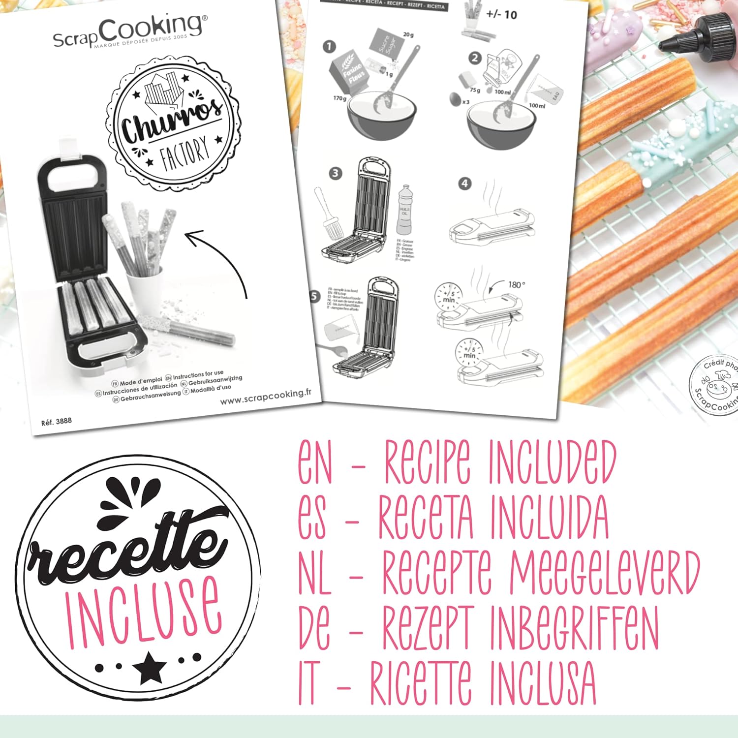 ScrapCooking - Factory 3888 - churros maison, rotation 180°, plaque antiadhésive