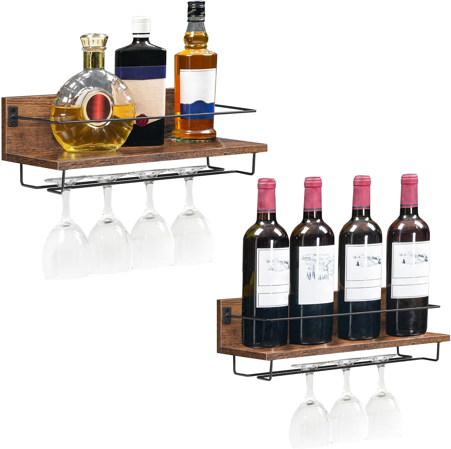 HOOBRO - Porte-bouteilles mural 2 pcs, bois métal, rangement verres, EBF28BJ01