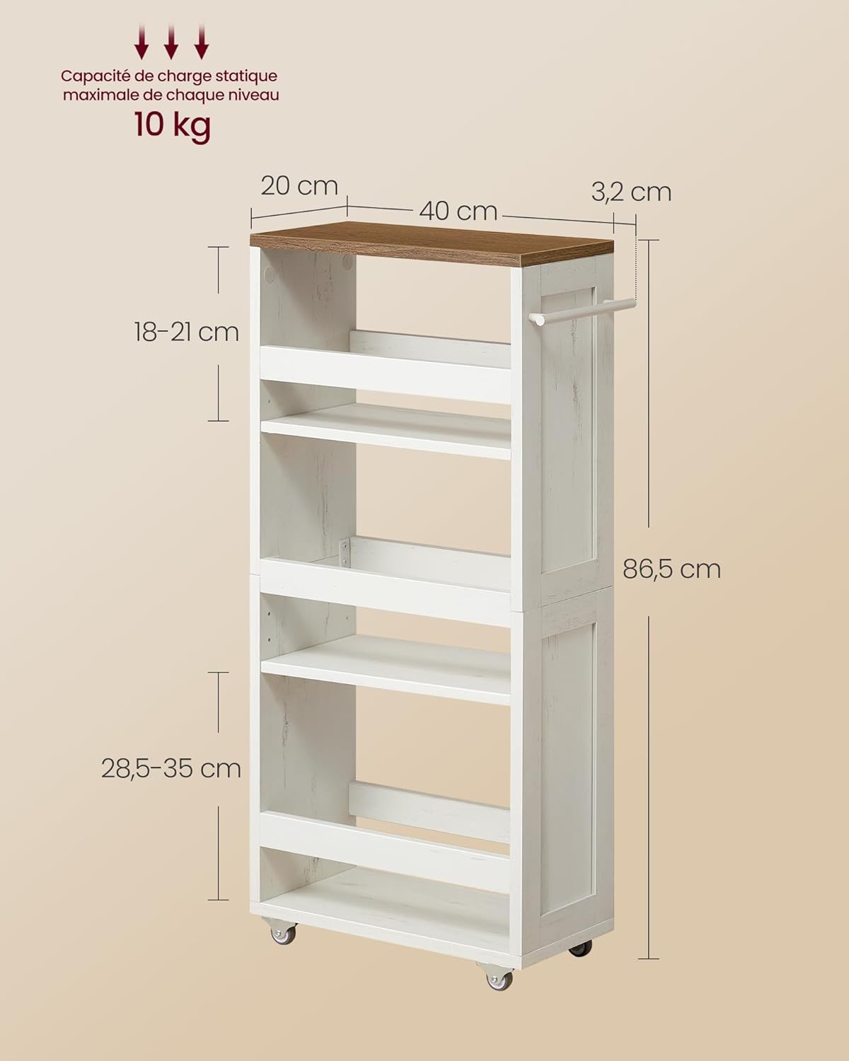 VASAGLE - chariot de rangement 4 niveaux, 20x43,2x86,5 cm, roulettes, LRC051K01