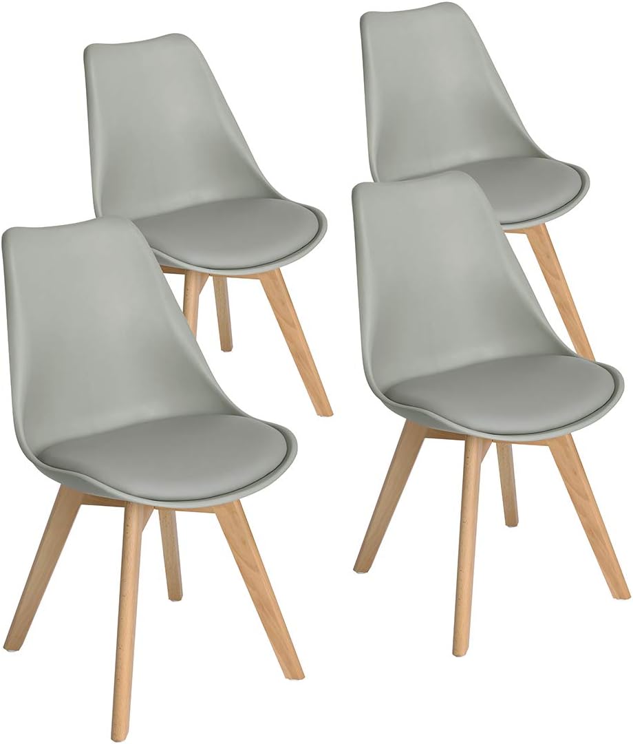 EGGREE - Lot de 4 chaises salle à manger - bois hêtre, rembourrées, grises