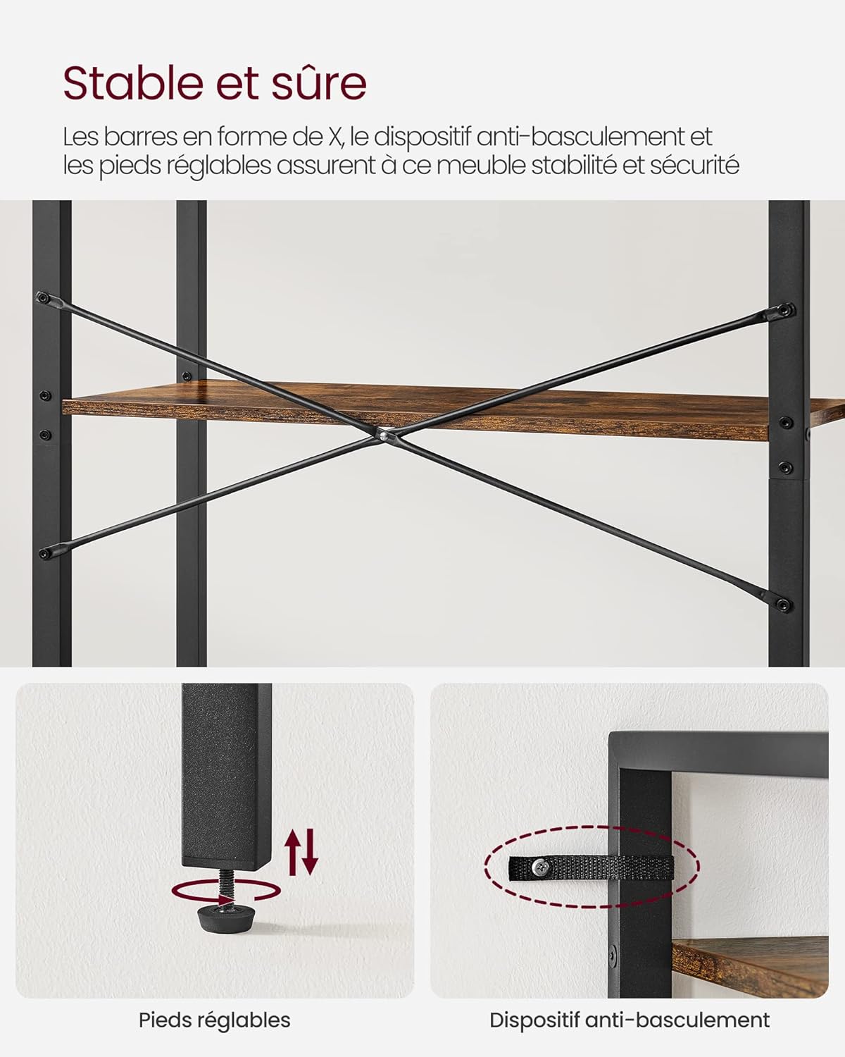 VASAGLE - étagère industrielle 5 niveaux, 30x66x153cm, marron/noir LLS061B01