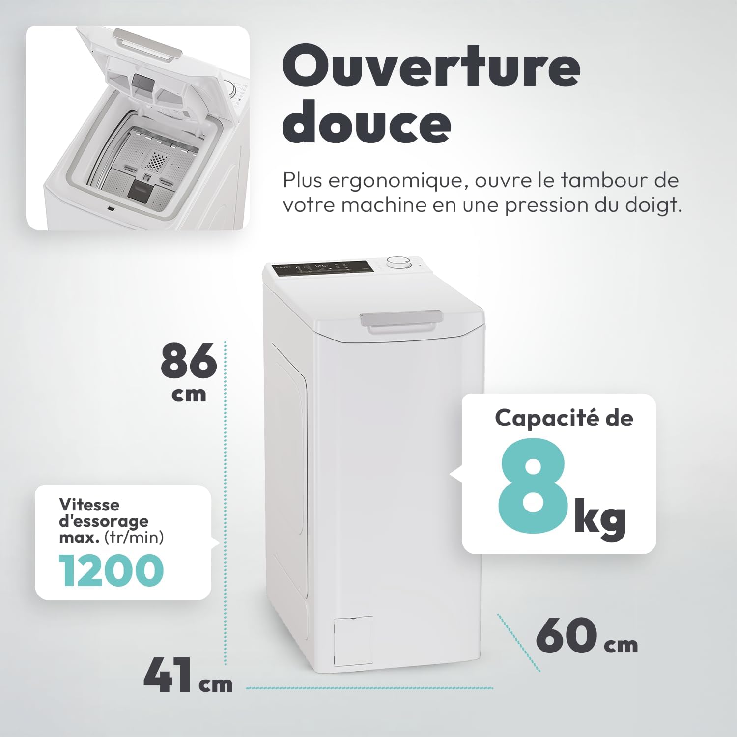 Candy - Série TCAS - 8kg, 1200trs, 17 programmes, Wifi - 86x41x60cm - TCAS284TM4-S
