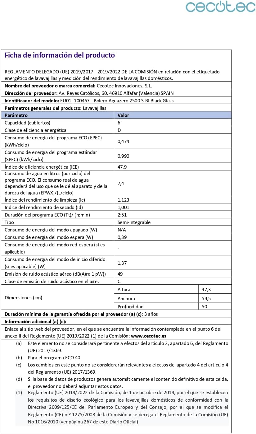 Cecotec - 6 couverts - 5 programmes, départ différé
