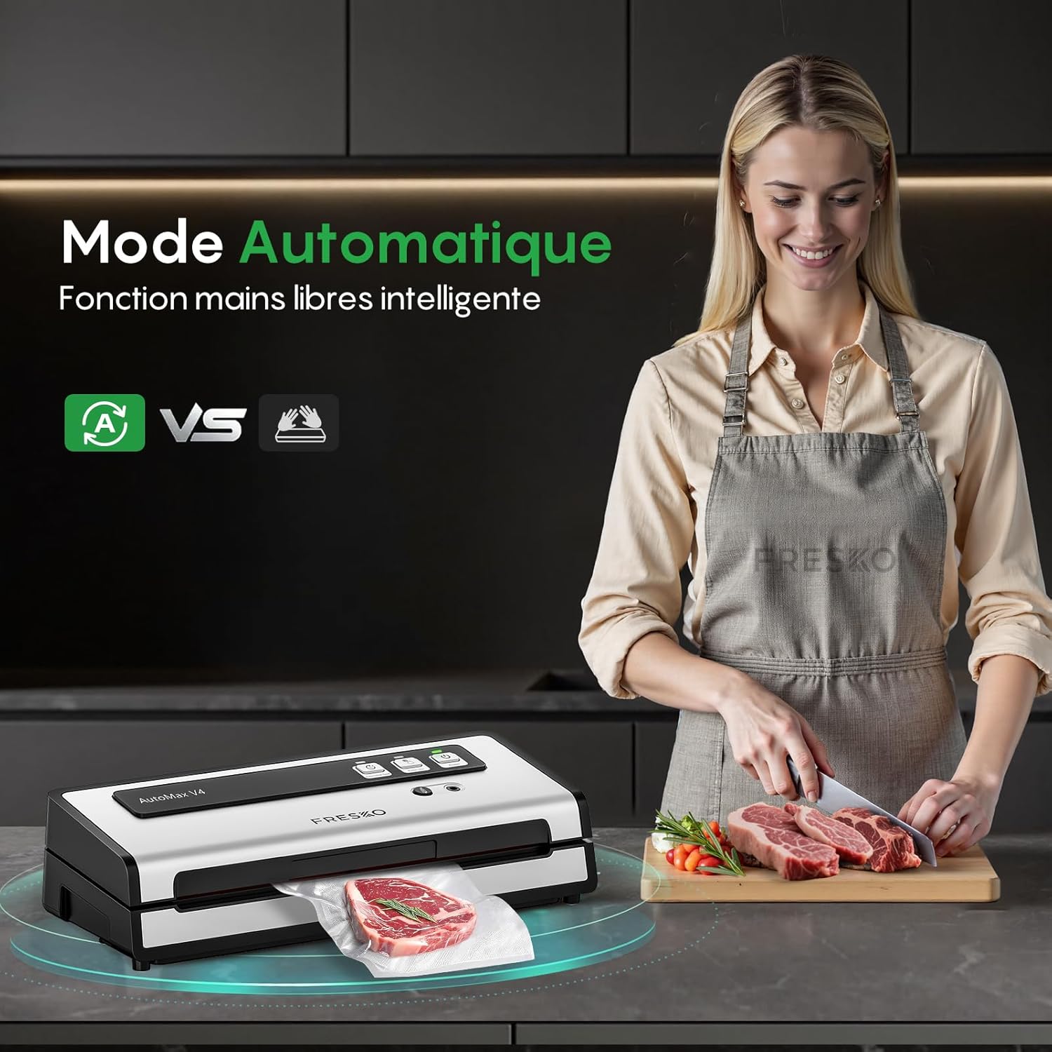 FRESKO - machine sous vide 140W, double scellage, sec/humide, 10 sacs, 4 kits bocaux
