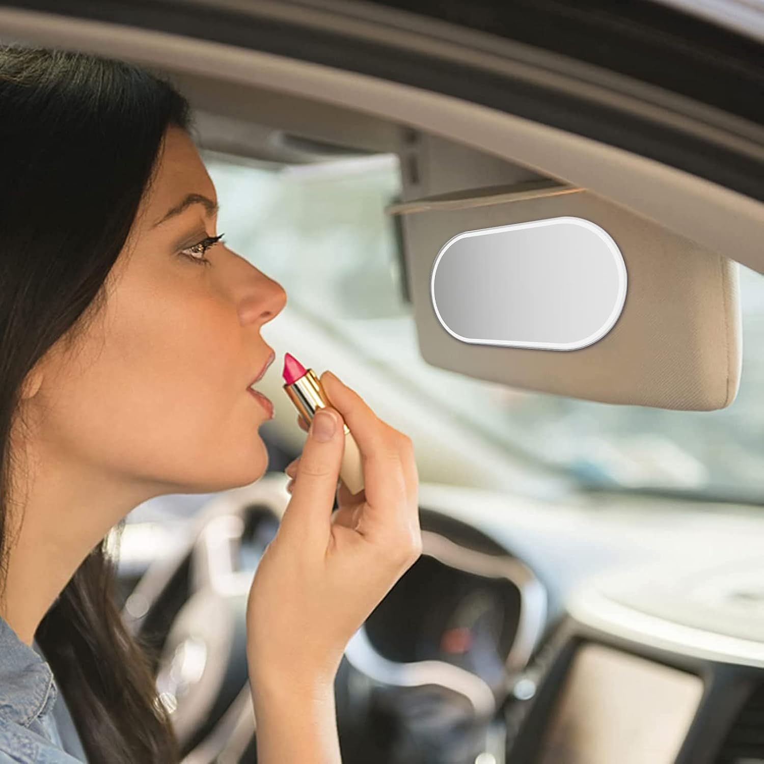 Rétroviseur intérieur voiture - ovale HD inox - miroir maquillage autocollant - accessoires universels -