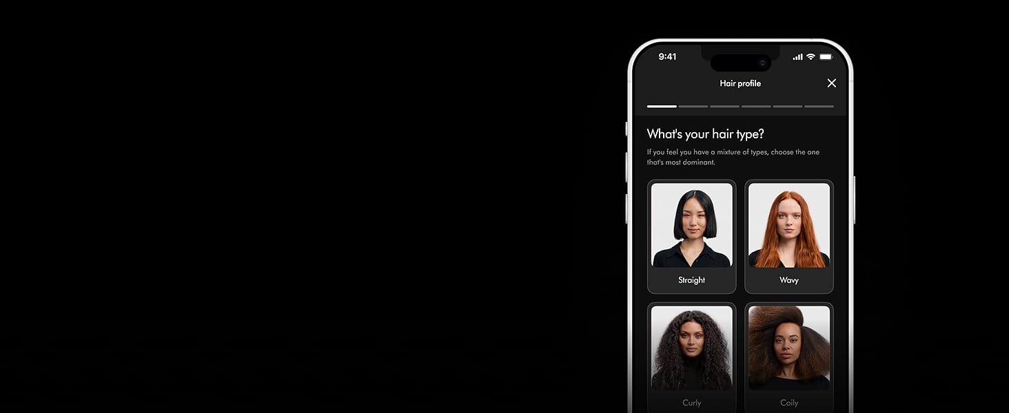 L’écran d’un téléphone avec un utilisateur qui définit son profil capillaire dans l’appli MyDyson.