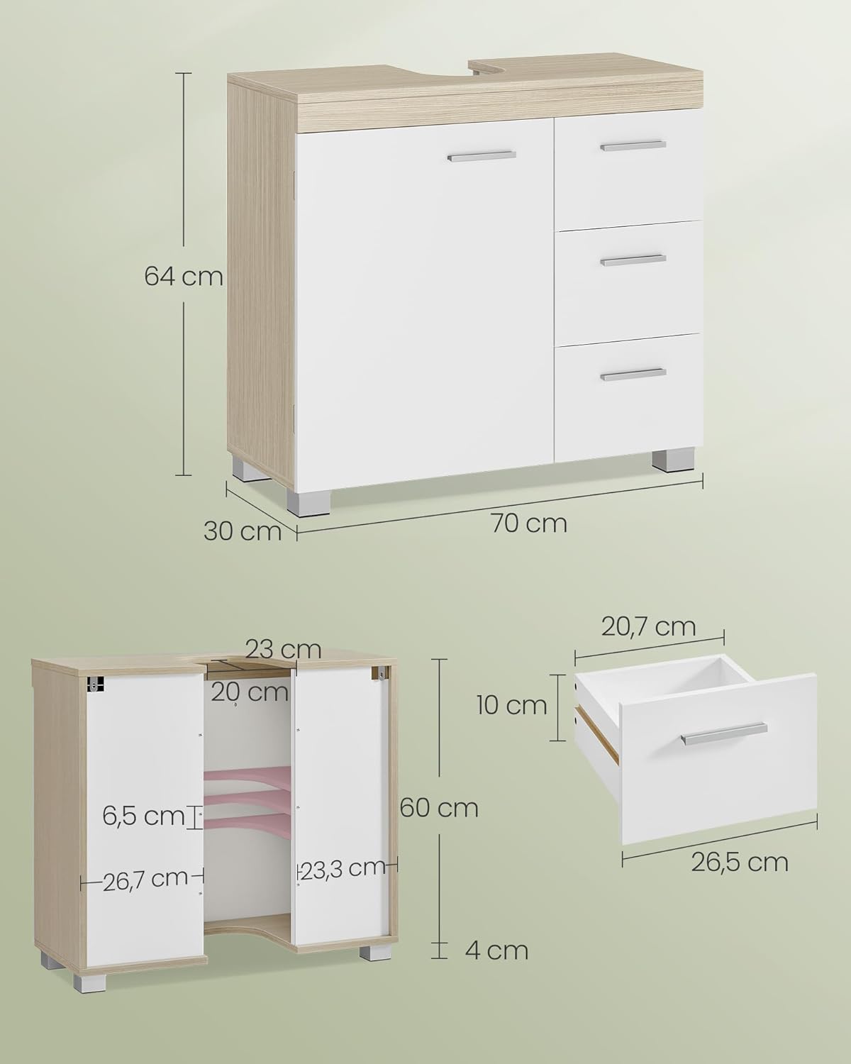 VASAGLE - meuble sous lavabo, 30x70x64 cm, 3 tiroirs, 2 cases, BBK504K01