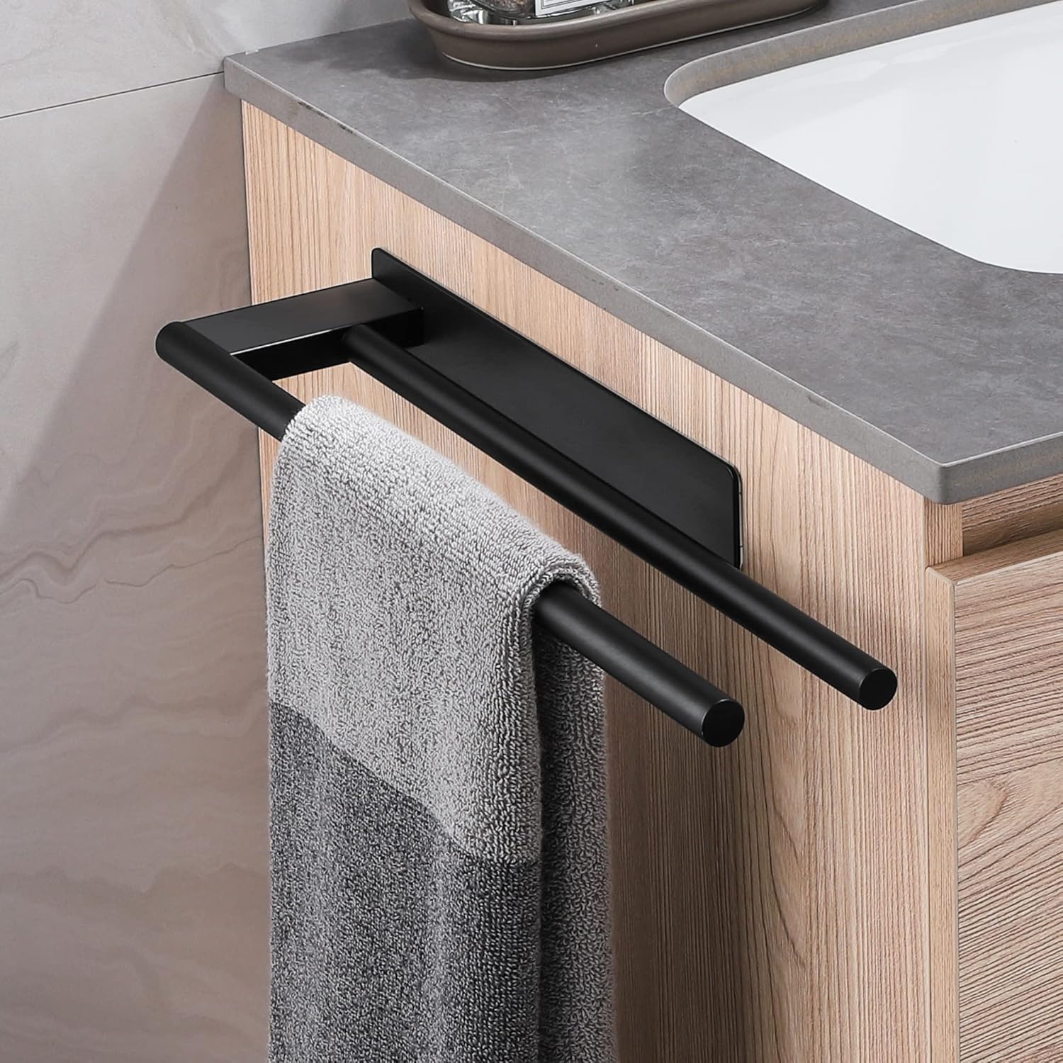 Porte-serviettes mural inox double bras, auto-adhésif, noir, 40 cm