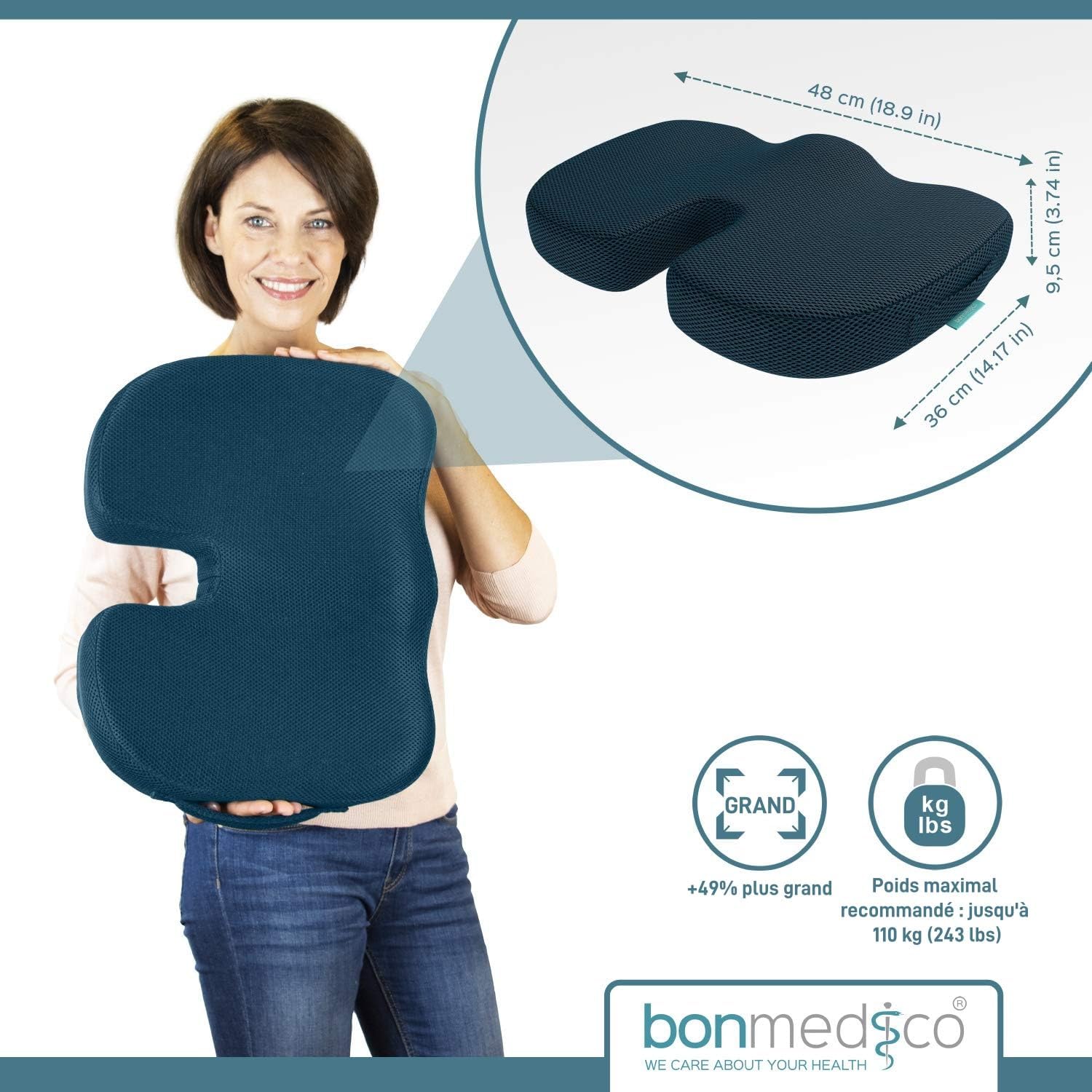 Coussin ergonomique mémoire de forme, large, bleu, soulage sciatique et lombaire