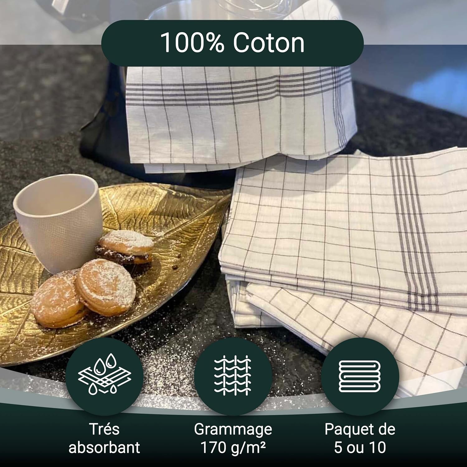 ZOLLNER - Set torchons cuisine - 50x70 cm - coton gris à carreaux