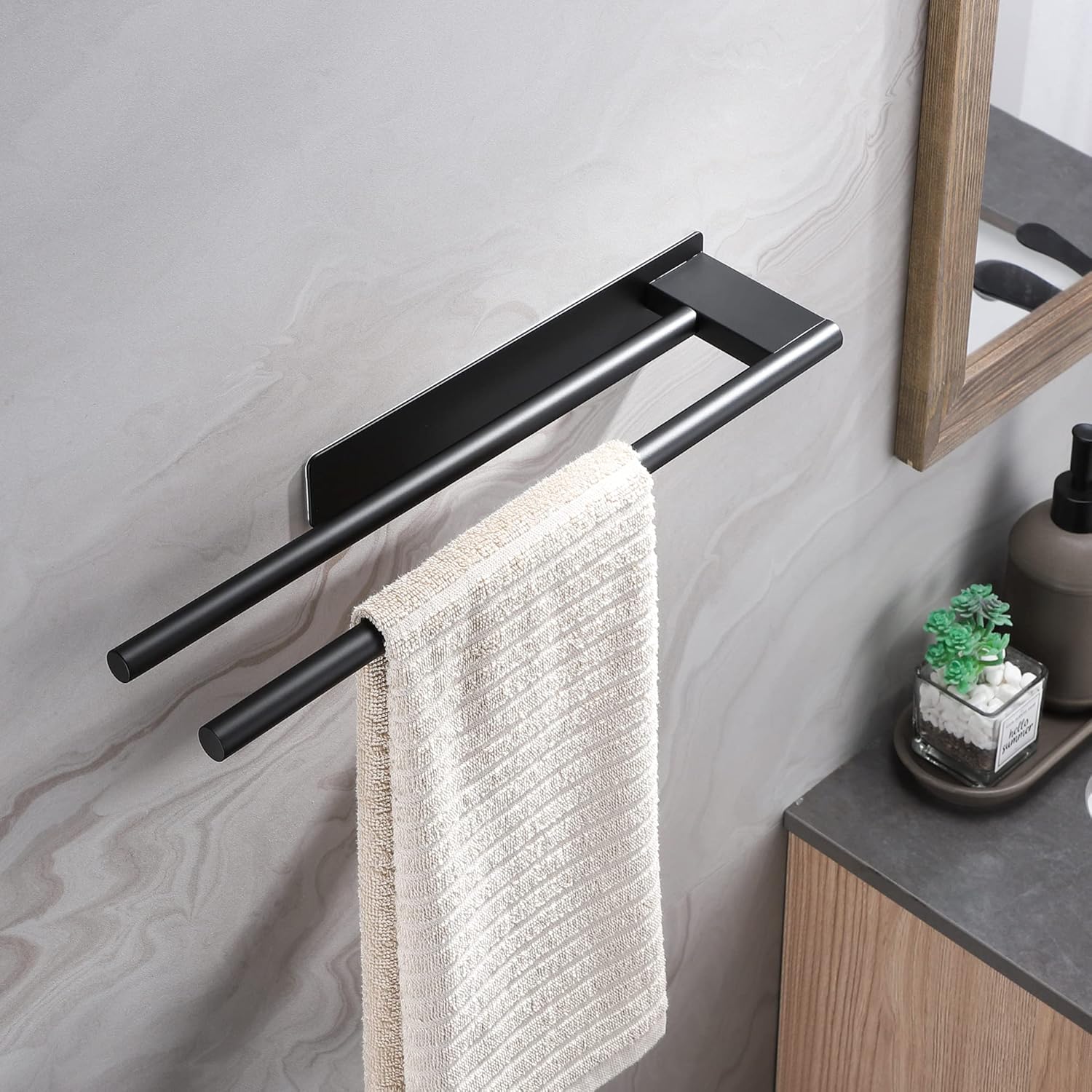 Porte-serviettes mural inox double bras, auto-adhésif, noir, 40 cm