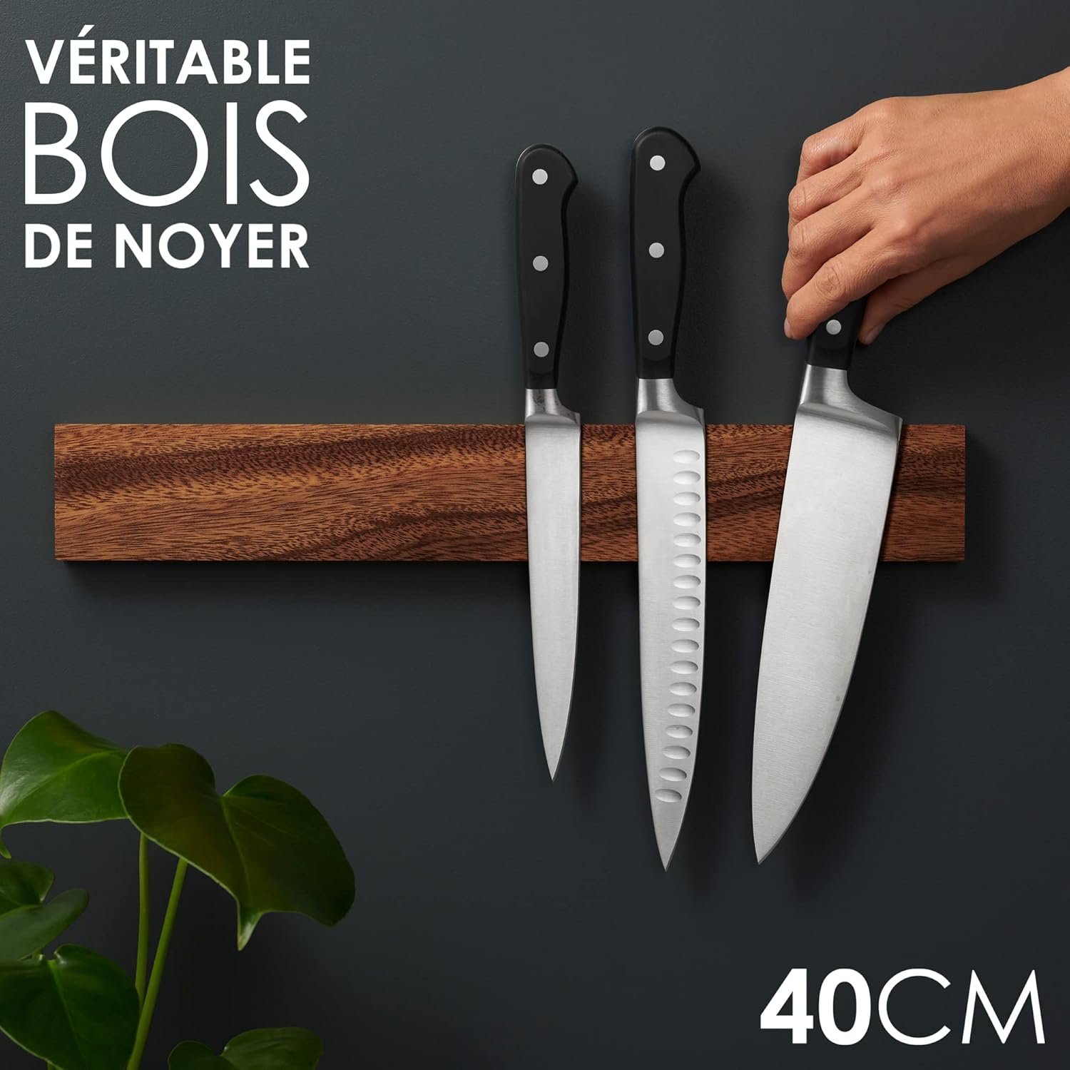 LARHN - Porte-couteaux mural puissant, noyer, 40 cm, aimanté