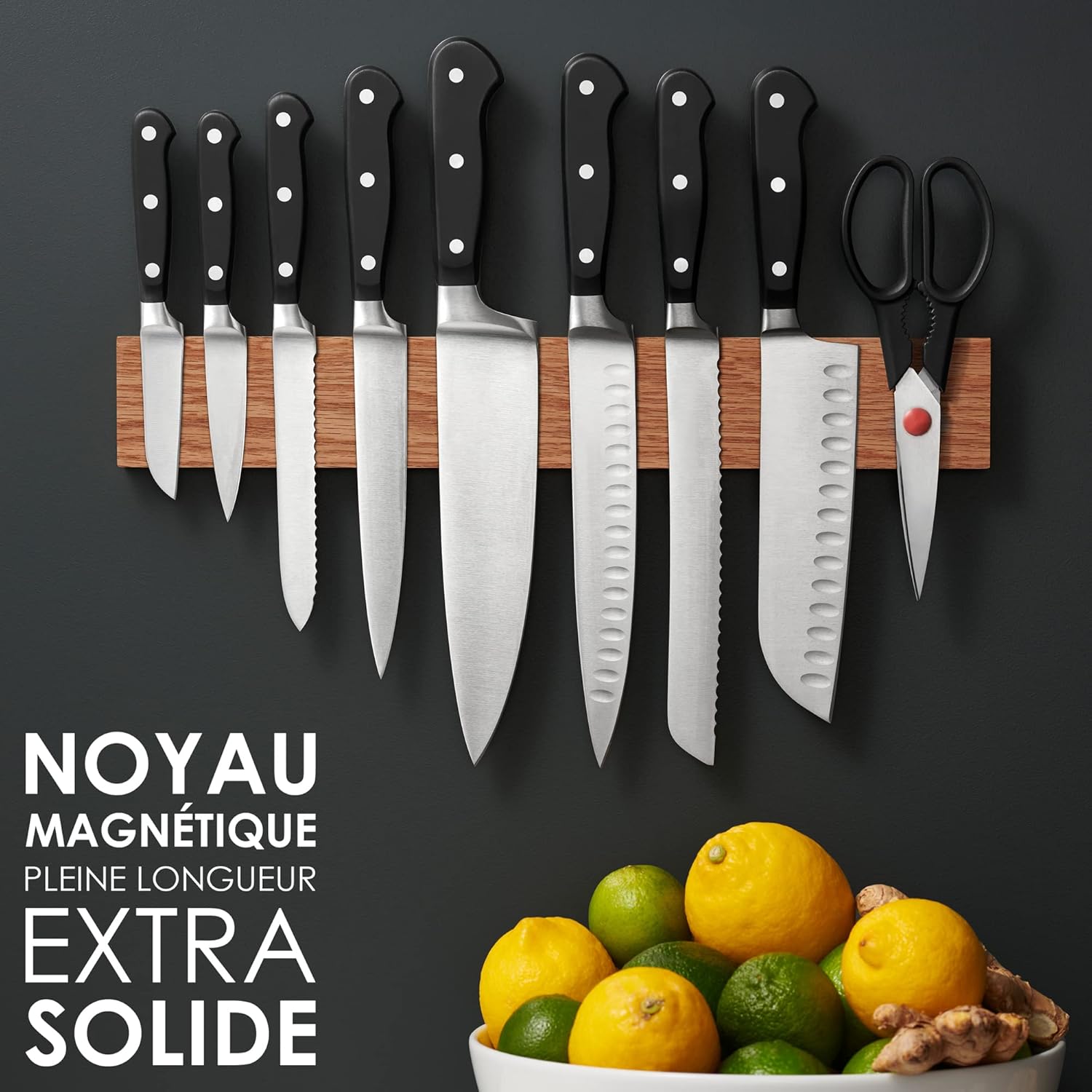 LARHN - Porte-couteaux Extra Puissant 40cm chêne mural aimanté