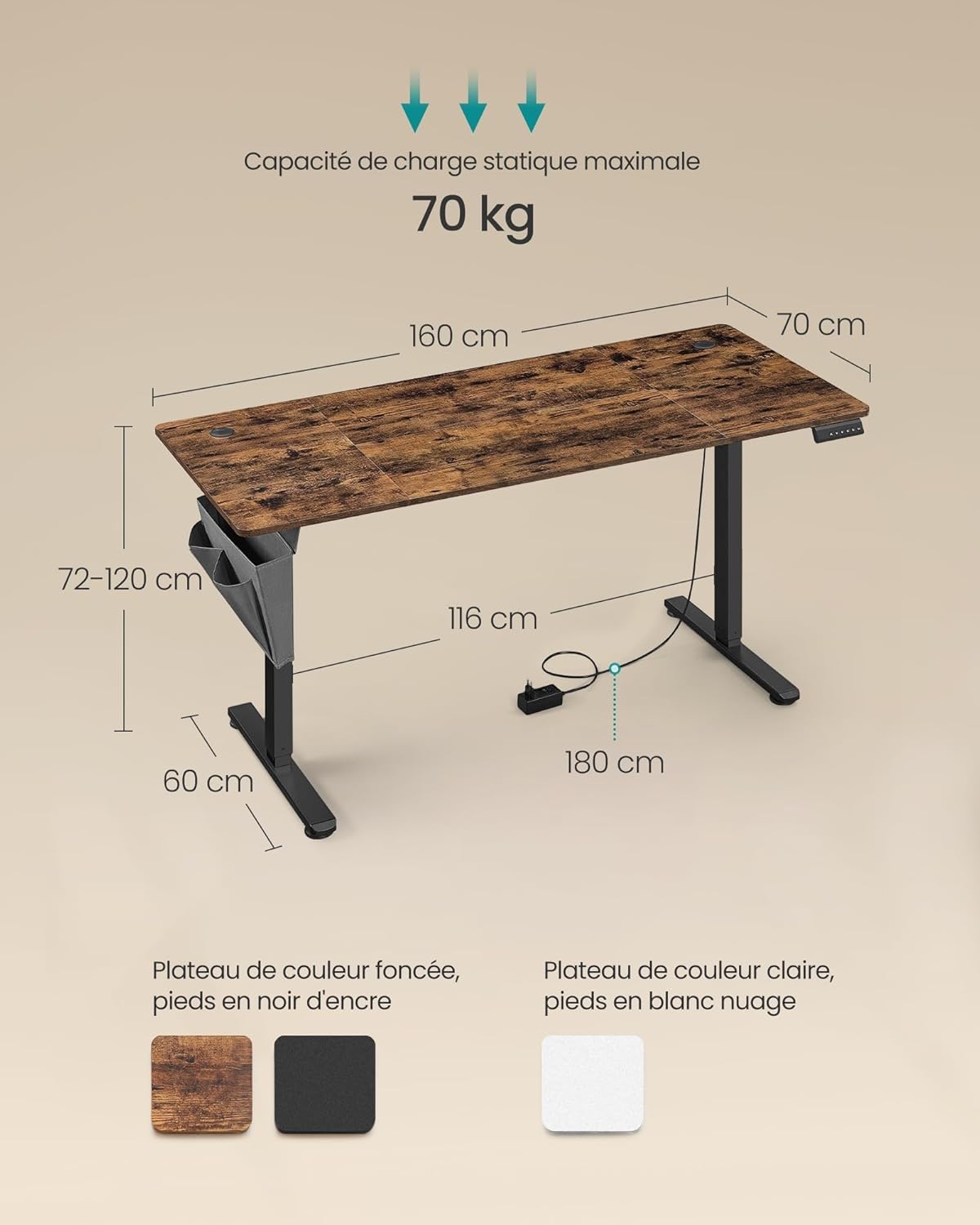 SONGMICS - Bureau réglable série LSD - 160x70 cm, mémoire 4 hauteurs, marron/noir - LSD136K01