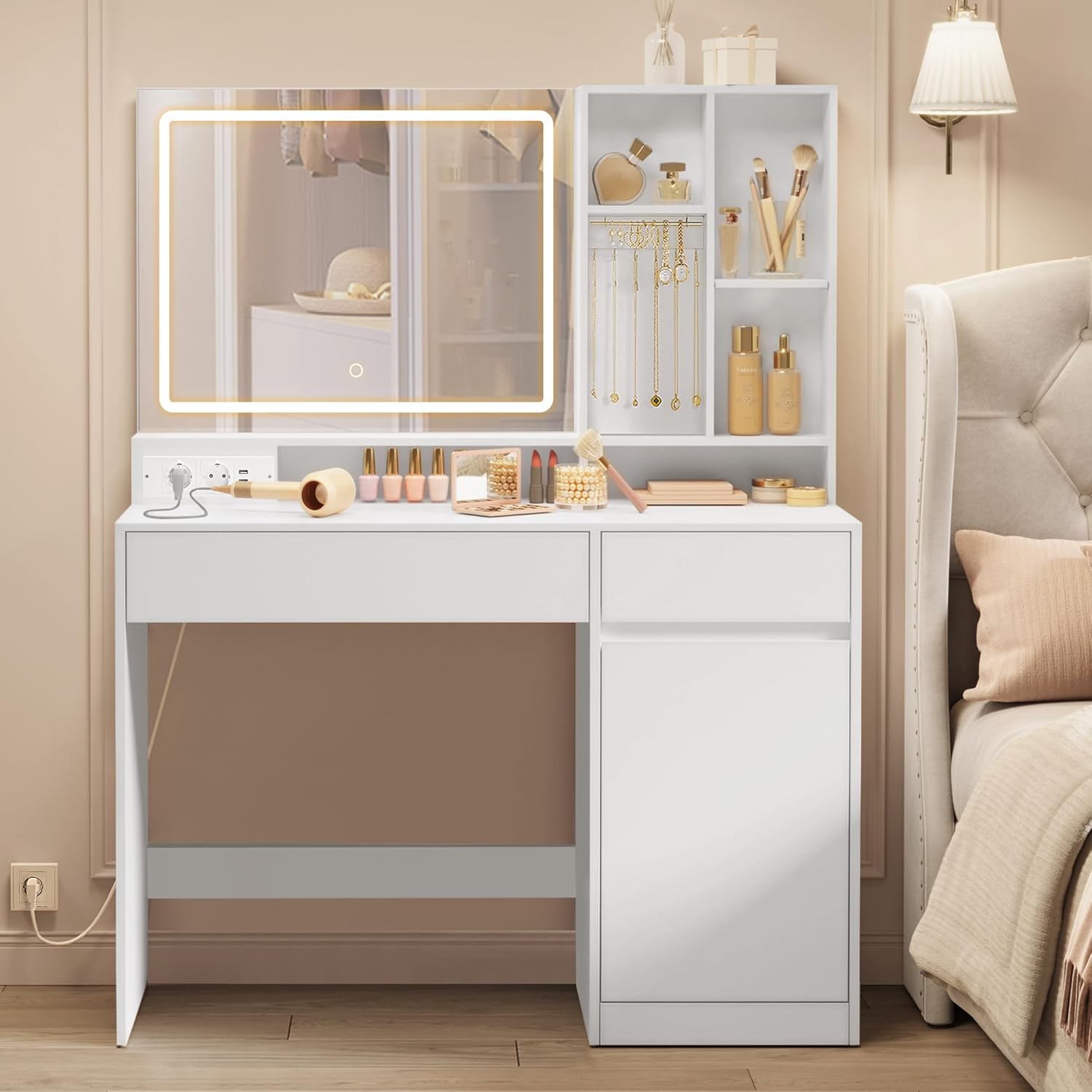 VASAGLE - KAILYN - 110 cm - Coiffeuse LED, 3 éclairages, tiroir, multiprise, RDT634WB01