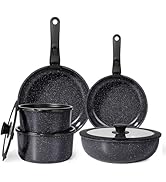 Ensemble d'ustensiles de cuisine antiadhésifs noirs avec finition mouchetée, comprenant plusieurs poêles et casseroles avec couvercles, avec poignées foncées et design contemporain.