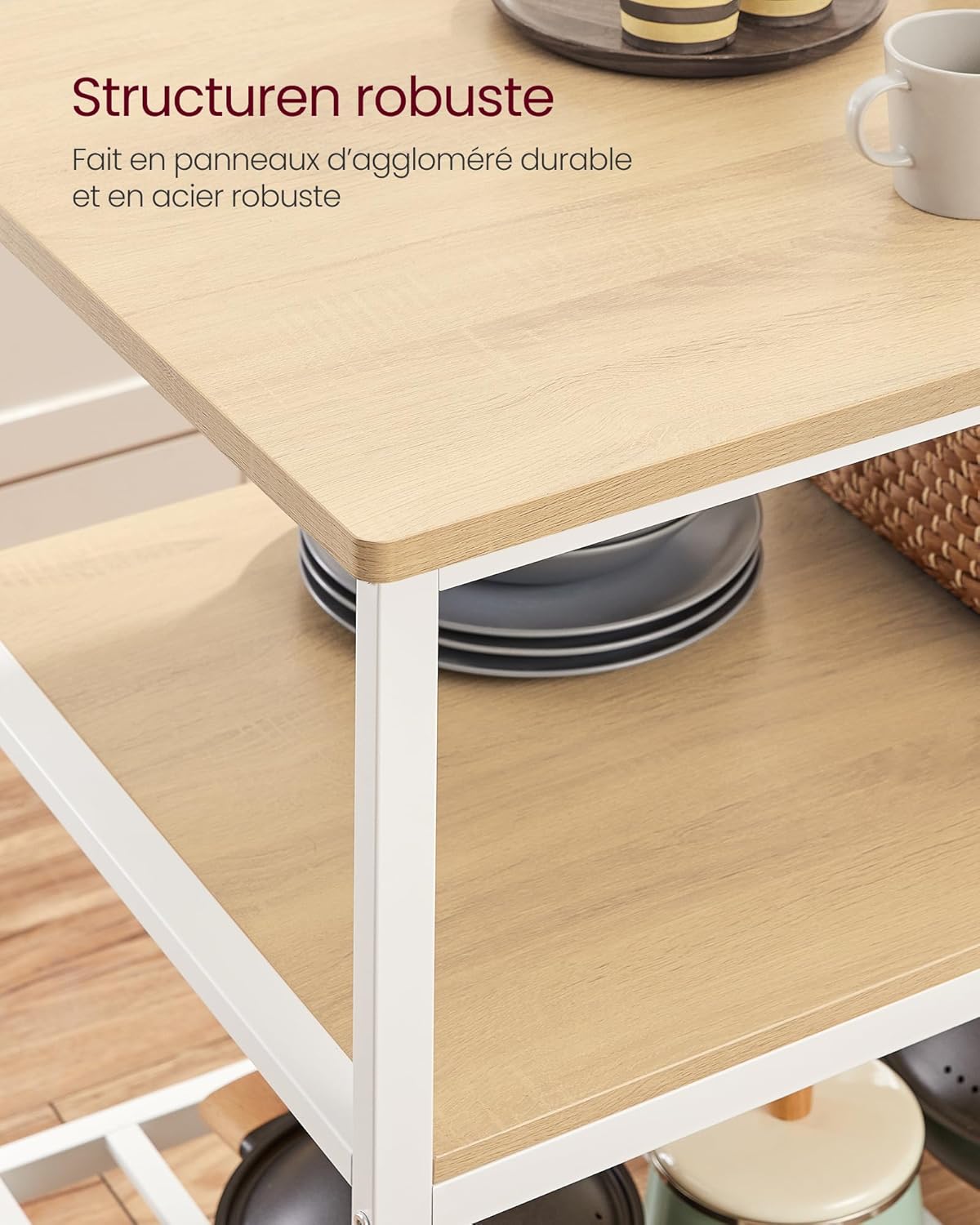 VASAGLE - îlot de cuisine 3 niveaux 60x120x90 cm acier chêne moderne KKI001W09