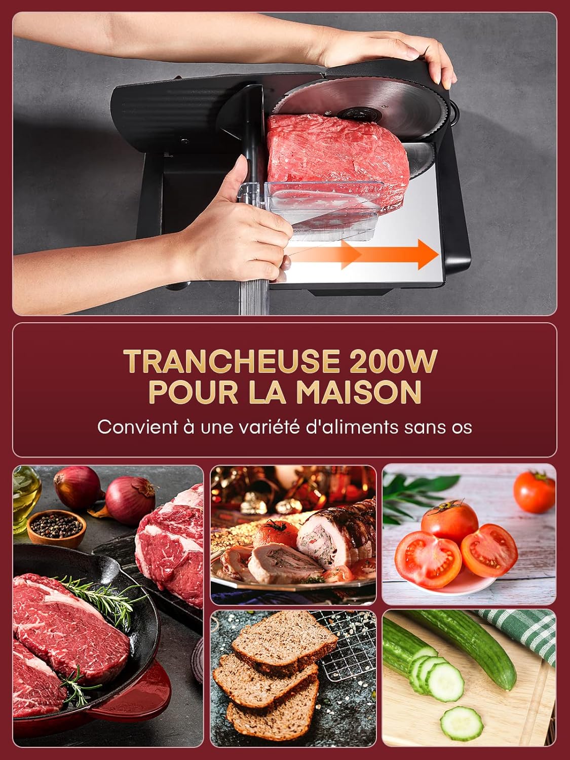 Trancheuse électrique - 200W, 19cm, 2 lames, épaisseur réglable