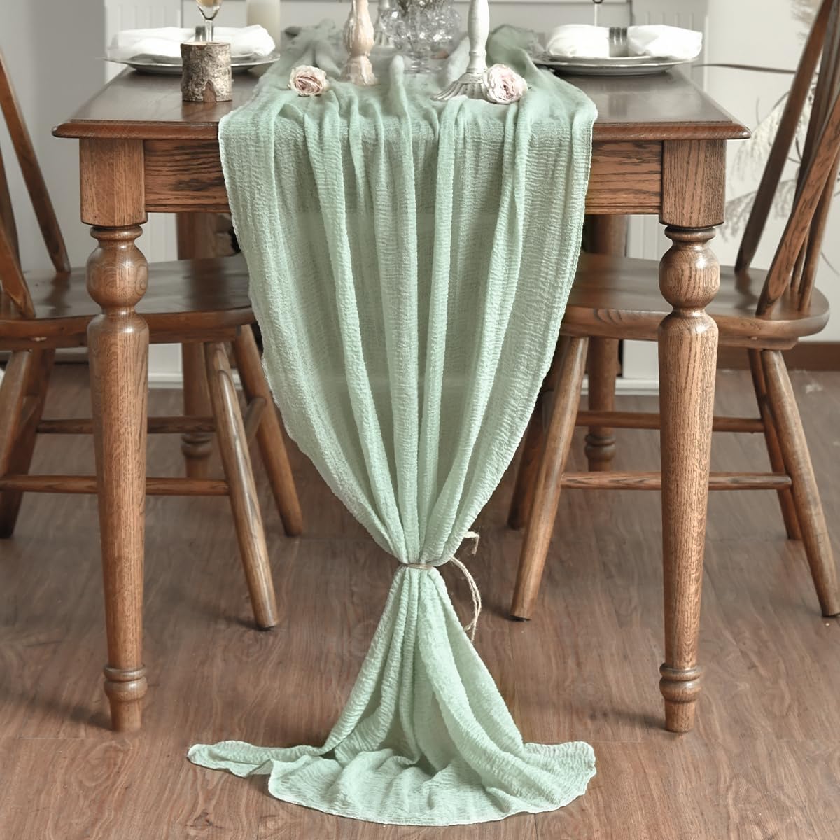 Artoid Mode - Chemins de table bohème 300cm - mousseline vert sauge, lot de 2