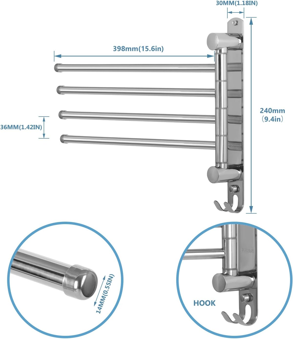 JSVER - porte-serviettes mural série pivotante - 40cm - inox, 4 barres rotatives, gain de place
