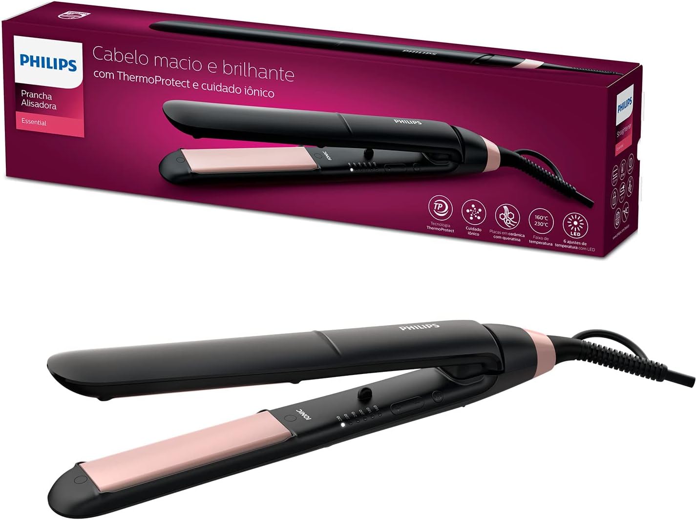 Philips - lisseur ThermoProtect StraightCare - 23,4x18,6x7,2 cm - plaques céramique, réglages de température - BHS378/00